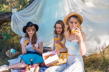 Group of girls friends making picnic outdoor. They have fun and drink cocktails