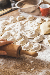 few generated raw dumplings lie on table