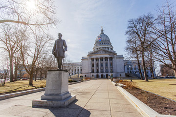 Statue of Hans Christian Heg in front of Wisconsin state capitol building in Madison Wisconsin