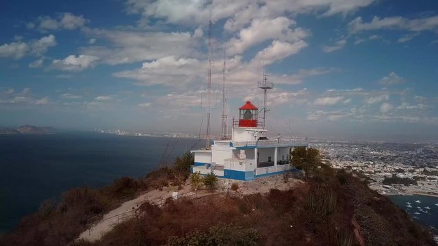 AERIAL: El Faro Lighthouse above Mazatlan Mexico