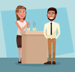 Obraz premium Business people drinking coffee and talking vector illustration graphic design