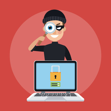 Hacker with magnifying glass looking laptop vector illustration graphic design
