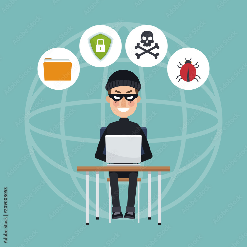 Poster hacker with laptop and security system symbols vector illustration graphic design