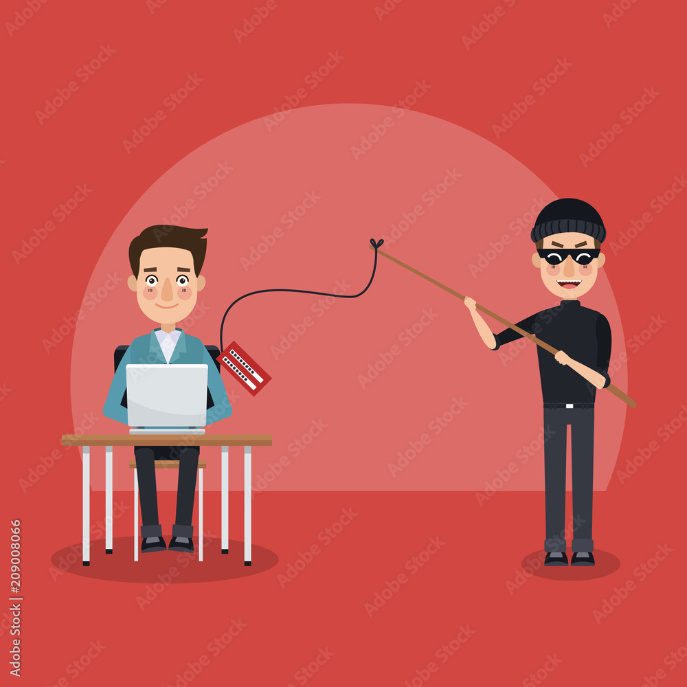 Aufkleber user working with laptop and hacker fishing password vector illustration graphic design