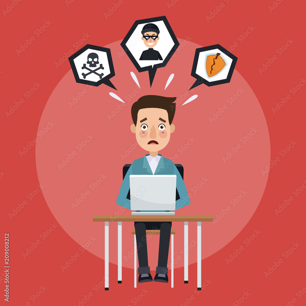 Poster man with hacked laptop by hacker cartoon vector illustration graphic design