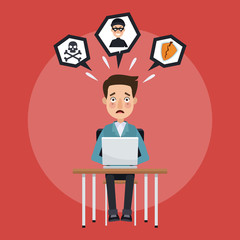 Man with hacked laptop by hacker cartoon vector illustration graphic design © Jemastock