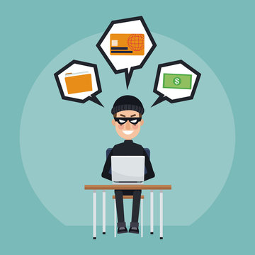 Hacker with laptop and credit card vector illustration graphic design