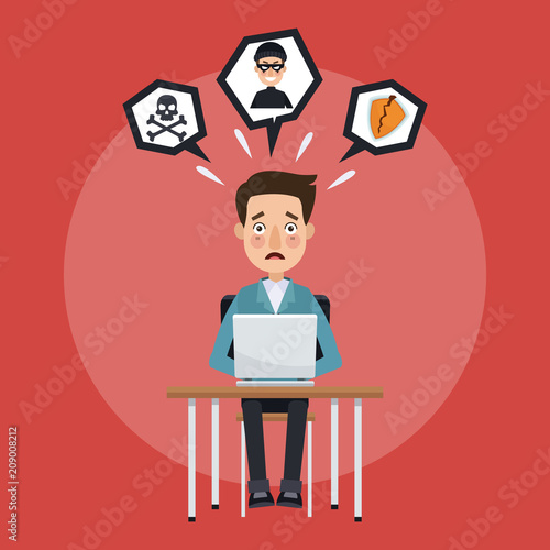 "Man with hacked laptop by hacker cartoon vector illustration graphic