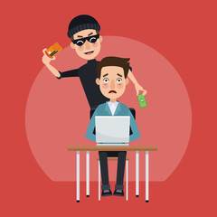 Hacker stealing money hacking accounts vector illustration graphic design