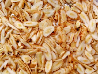 Close up Sliced Fresh Ginseng, Korea Ginseng Roots, Asia Natural Ginsengs Abstract Food Background