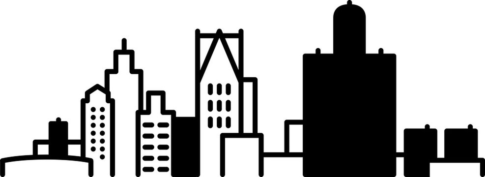 Simple icon illustration of the skyline of the city of Detroit, Michigan, USA in black and white.