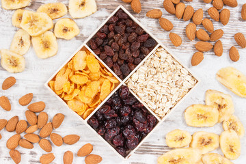 Healthy dried ingredients containing minerals, carbohydrates and dietary fiber, nutritious eating concept