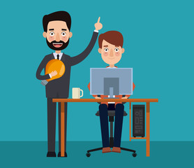 Businessman working with employeer at computer vector illustration graphic design