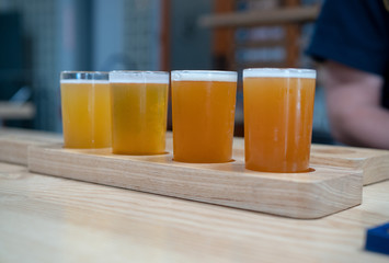 Flight of light colored craft beers sitting on wooden plank on a bar top