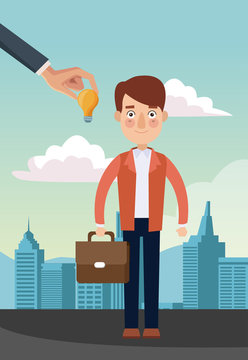 Businessman with briefcase and big idea at city vector illustration graphic design