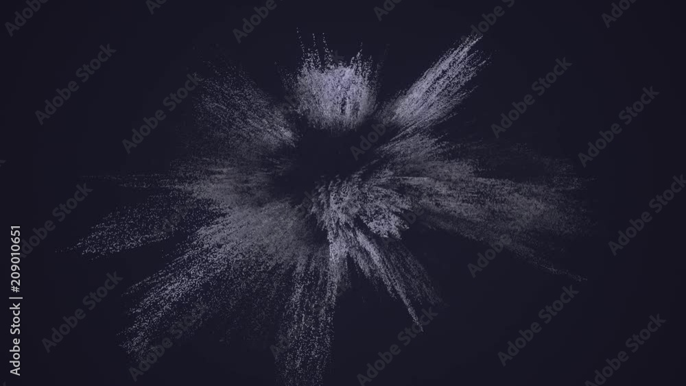 Poster animation of white color particles explosion. slow motion movement. black background