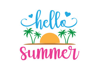 hello summer with beach theme typography vector design template