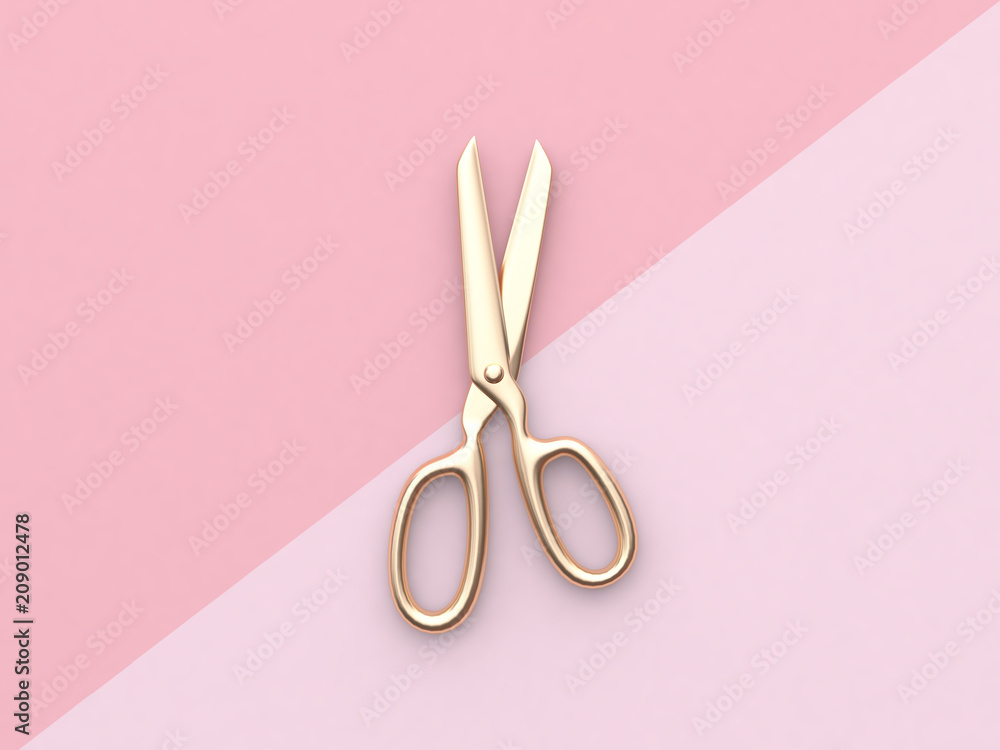 Poster gold scissors pink flat lay minimal background 3d rendering