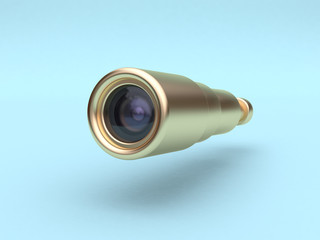 gold scope-lens camera 3d rendering blue background