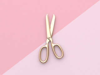 gold scissors pink flat lay minimal background 3d rendering