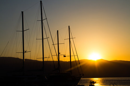 sunrise and yacht in marmaris,Turkey