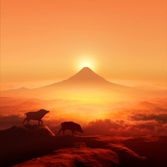 富士山の日の出とイノシシのシルエット
