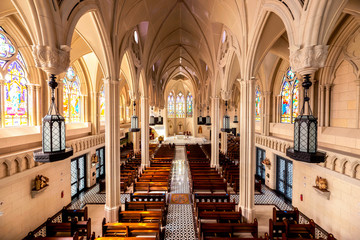 Interior view of a  modern catholic Church with empty pews