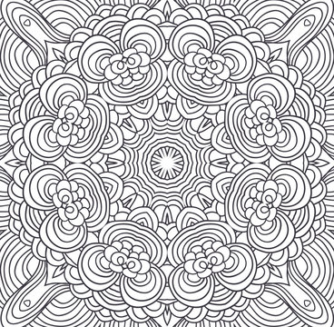 Uncolored symmetric tracery for colouring. Can be used as adult coloring book, coloring page, card, invitation. Sacred geometry