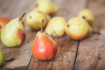 Several ripe pears lie on boards