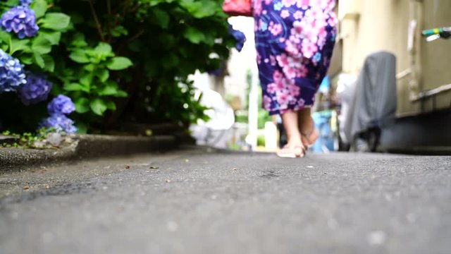 東京・路地裏を歩く着物の女性