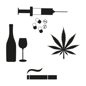 Cigarette and bottle, pipe and heroin, alcohol and tablet, smoke and, narcotic cocaine, Drug icons set.