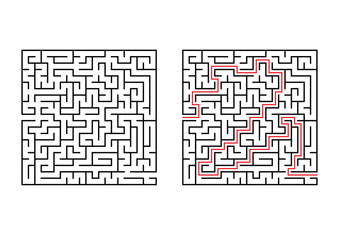 Abstract square maze. Simple flat vector illustration isolated on white background. With the answer.