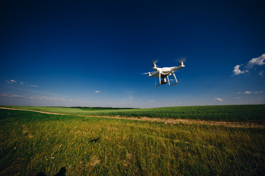 drone quad copter on green corn field