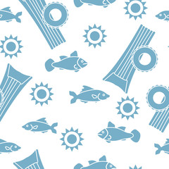 Pattern with fish, sun, inflatable mattress.