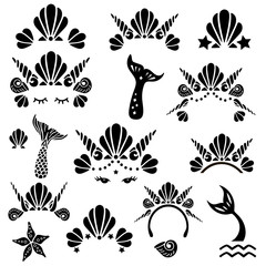 Mermaid symbols set with sea shells crowns, tails and eyes. Vector illustration. 
