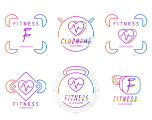 Bright colour set of icon for fitness pilates sport. Simple linear emblems for health lifestyle. Vector