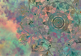 Abstract mandala graphic design and watercolor digital art painting for ancient geometric concept background - 209016489