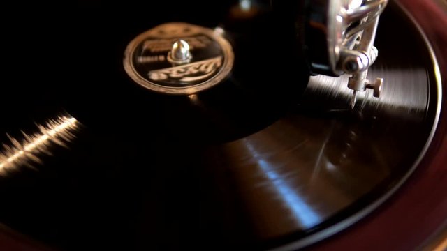 Retro gramophone makes sound with old vinyl