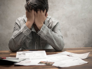 Man having financial problems with invoices and Credit Cards, Money concept., real estate, buy an...