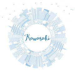 Outline Kawasaki Japan City Skyline with Blue Buildings and Copy Space.