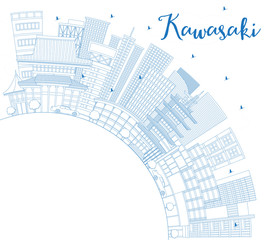 Outline Kawasaki Japan City Skyline with Blue Buildings and Copy Space.