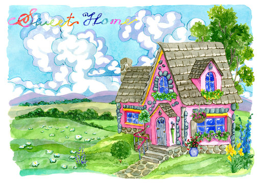 Cute pink cottage with garden flowers against grassland. Vintage country background with summer rural landscape, garden and cute house, hand painted watercolor illustration 