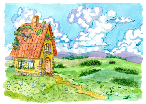 Beautiful cottage house against grassland and sky with clouds. Vintage country background with summer rural landscape, garden and cute house, hand painted watercolor illustration 