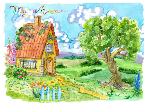Cottage house with fence, tree, flowers and lettering. Vintage country background with summer rural landscape, garden and cute house, hand painted watercolor illustration 