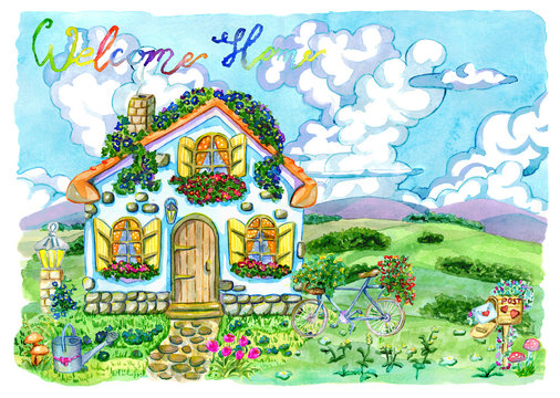 Small house with cute windows, beautiful garden and lettering. Vintage country background with summer rural landscape, garden and cute house, watercolor illustration