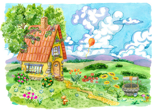 Beautiful house with well, tree and garden flowers against the summer field and ballon in sky. Vintage country background with summer rural landscape, garden and cute house, watercolor illustration