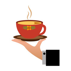 hand holding hot tea cup decoration flowers vector illustration