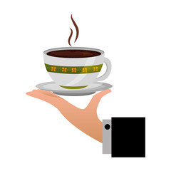 hand holding decorative flower hot coffee cup on dish vector illustration