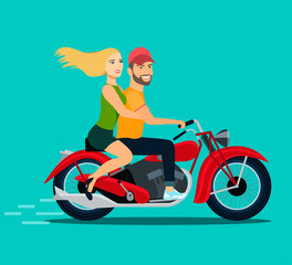 Young couple riding a motorcycle. Vector flat style illustration