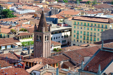 Aerial View of the Old city Verona with Rooftops and High Towers in a Sunny Day. Cityscape of Verona 